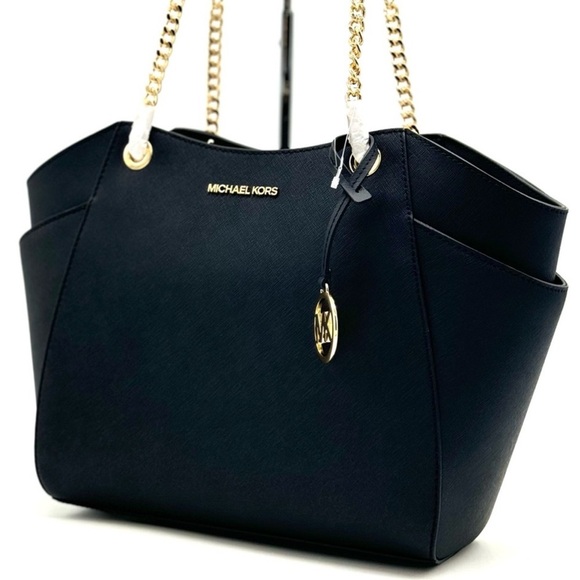 Michael Kors Jet Set Travel Large Chain Shoulder Tote Bag Black/Gold - Picture 1 of 12